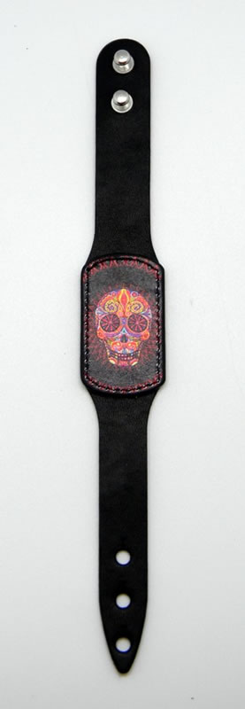 Black Leather Day of the Dead Bracelet with Multi Colored Head